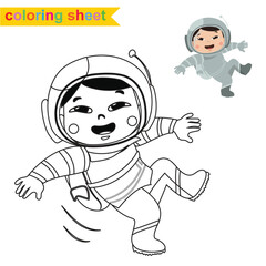 Simple coloring page for kids with astronaut theme, a cute little astronaut floating. Coloring activity for children. Cute cartoon character coloring page. Vector file.