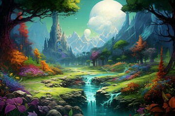 Vivid artwork depicting an adventurous spring valley in green hues. Generative AI