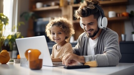 Dad and son in home with headphones are helping each other do homework for online class, Father and boy working together for virtual school.