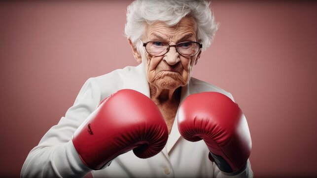 Elderly woman wearing red boxing gloves ready to fight, Angry serious expression.