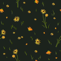 Vector seamless floral pattern. Yellow wild flowers on a dark background. - 644311889