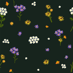 Vector seamless floral pattern. Wildflowers on a dark background.