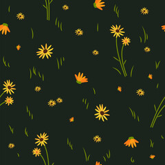 Vector seamless floral pattern. Yellow wild flowers on a dark background. - 644311897
