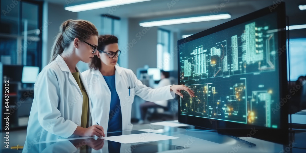 Poster female specialist doing a presentation and explaining a 3d blueprint to her colleague in a laborator