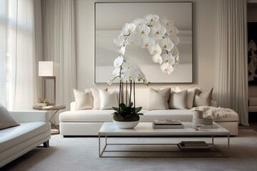 Modern white living room featuring framed orchid, elegant interior. Generative AI