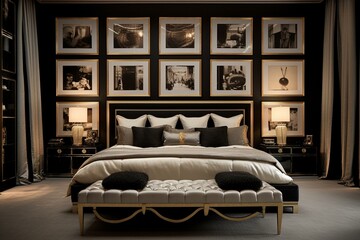 Fototapeta na wymiar Stylish bedroom adorned with classy poster frames creating a luxurious ambiance. Generative AI