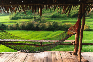 Fototapeta na wymiar Cradle at the rice field view hut
