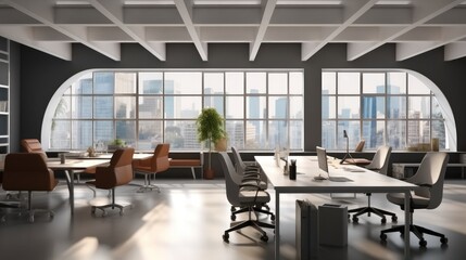 Co-working office interior, Open plan startup office space.