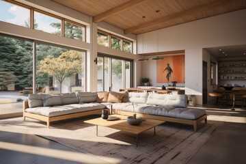 Artist Modern Living Room Apartment with Wood Furniture and Orange Artwork Abstract with Wood Paneling