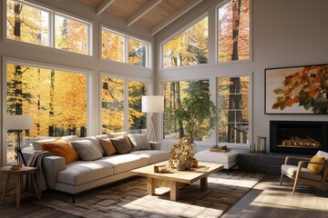 Vacation Living Room Destination with Fall Foliage Views and Fire Burning Fireplace with Wall Art and Small Wood Coffee Table
