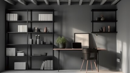 Office room with desk and laptop, Modern home office and living room interior.
