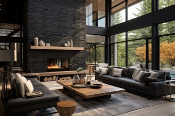 Luxury Design Family Room Interior with Wood Accent and Modern Windows with Nature Fall Views