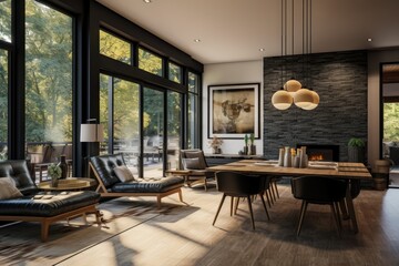 Fototapeta premium Luxury Apartment Family Room Architecture with Beautiful Light Fixture and Stone Fireplace with Fall Views