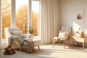 White Bright Baby Nursery with Minimal Styling and Organic Linen Accent Chair and Wood Night Stand