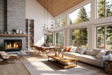Fototapeta premium Luxury Grey Stone Fireplace with Styled Shelf in Living Room with Wood Accent Ceiling and Nature Views