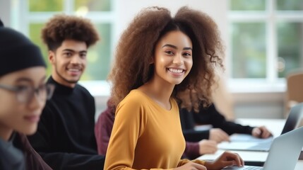 Happy black female student studying in classroom at university, Group mates sitting nearby.