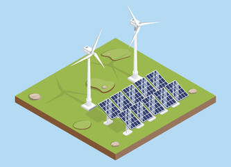 Solar panels and windmill turbines for electricity grid. Renewable electric sun wind power plant station. Isometric vector.