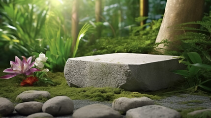 podium in Natural green background for Empty show for packaging product presentation