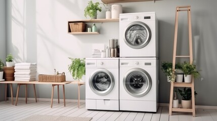 Laundry room with washing machine and laundry basket.