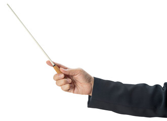 Woman hand holding Baton or Magic wand conjured up in the air on white background, Miracle magical stick Wizard for fantasy story or music conductor isolate on white PNG File.