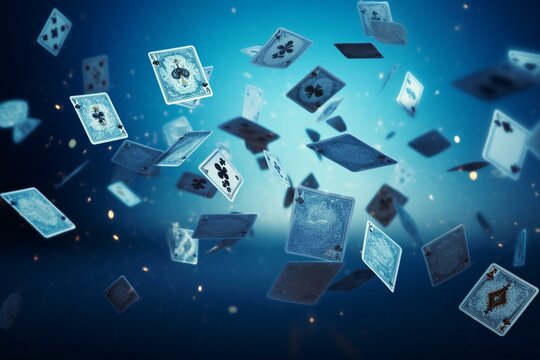 Blue background with flying poker cards. Generative AI