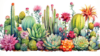 Fototapeta premium Watercolor illustration of cute cactus and succulents.