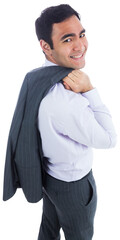 Digital png photo of smiling biracial businessman holding jacket on transparent background