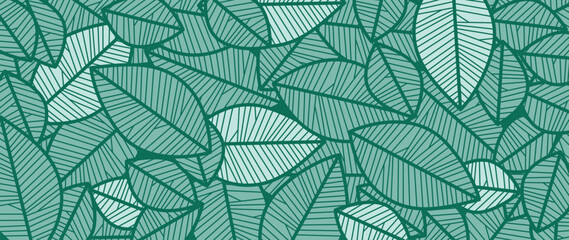 Fototapeta na wymiar Abstract foliage line art vector background. Leaf wallpaper of tropical leaves, leaf branch, plants in hand drawn pattern. Botanical jungle illustrated for banner, prints, decoration, fabric.