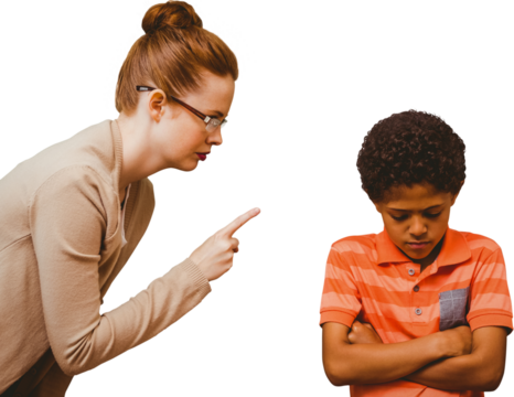 Digital png photo of diverse female school teacher telling off schoolboy on transparent background
