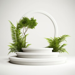 product display podium with nature green leaves for presentation design
