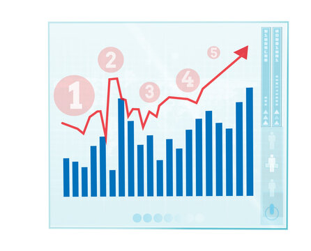 Digital png illustration of blue graph with red upward arrow on transparent background