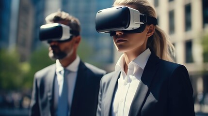 Business woman in formal suit using VR glasses virtual reality AI experience planning and strategy process work plan in office.