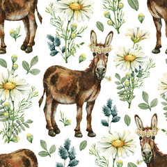 Donkey in nature with windmill. Farm animals, seamless pattern, hand drawn watercolor illustration