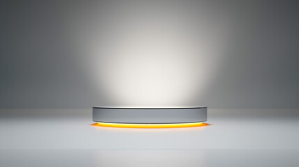 Silver Pedestal of platform display with neon modern stand podium on white room background