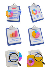 3d minimal data analysis. business planning. financial strategy. set of pie graphs and bar graphs with clipboard. 3d illustration.