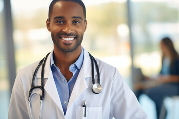 Professional man wearing lab coat and holding stethoscope. Suitable for medical, healthcare, and scientific concepts.