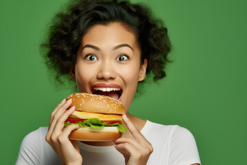 Woman holding hamburger in front of her face. This image can be used to represent food, fast food, cravings, or indulgence.