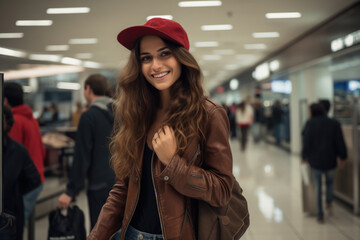 Woman wearing red hat is standing in airport. This image can be used to depict travel, vacations, or airport scenes.
