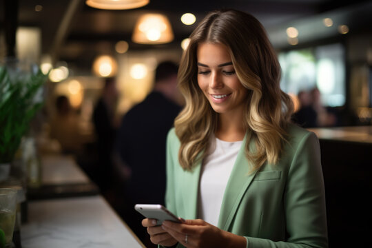 Woman wearing green blazer is seen looking at her cell phone. This image can be used to depict modern technology, communication, or businesswoman on go.