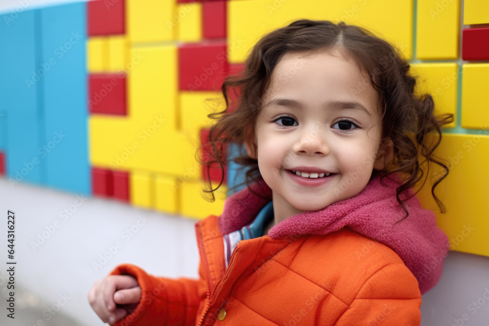 Poster Cute little girl standing in front of vibrant and colorful wall. This image can be used to add pop of color and cheerfulness to any design or project.
