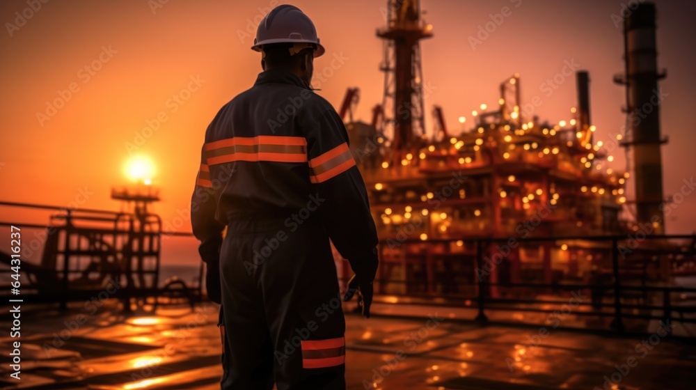 Poster professional engineer inspector in helmet working and analyzing data on mobile device on oil and gas