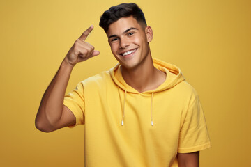 Young man wearing yellow hoodie points at something. This versatile image can be used to convey concepts such as direction, attention, or curiosity.