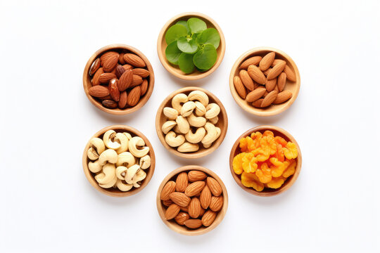 Collection of various nuts displayed in wooden bowls on clean white surface. This versatile image can be used in variety of contexts.
