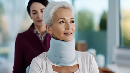Senior woman and neck brace after injury accident and receive treatment at hospital emergency, Medical professional.