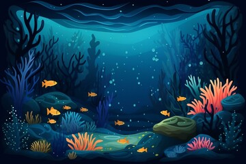 Fototapeta na wymiar Illustration of a flat style ocean background with corals, algae, and small fish. Dark seabed and deep sea ocean. Generative AI