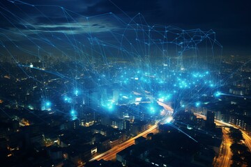 City illuminated with blue wires and antennas, showcasing the integration of big data, technology, and connectivity. Generative AI