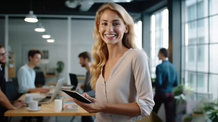 Smiling confident business woman standing in office at team meeting.