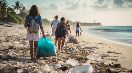 Group of volunteers collecting plastic waste on the beach. Recycling concept