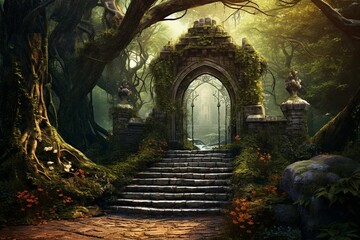 Mystical gateway within an enchanted woodland. Generative AI
