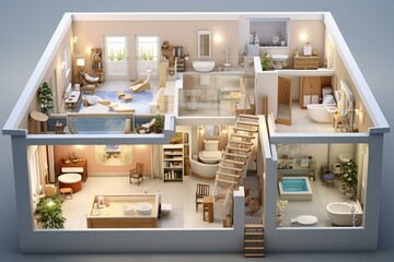 3D illustration of a house with a cross-sectional view of bathroom, kitchen, and living room. Generative AI